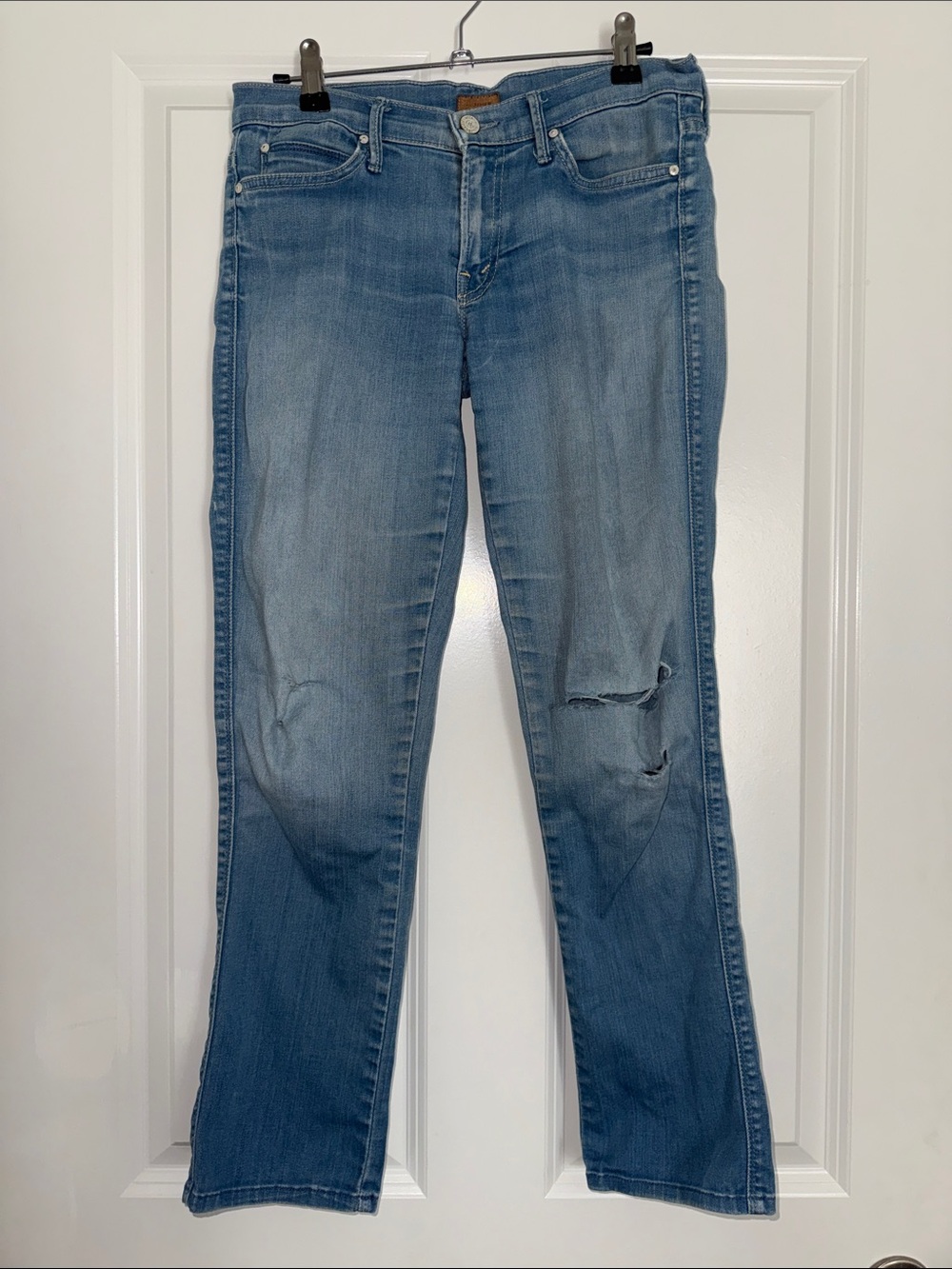 MOTHER Rascal Cuff Jeans in Light Blue with Knee Distress